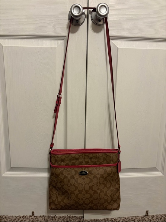 Coach Handbags - Coach Signature file crossbody Bag in Brown with Pink Trim